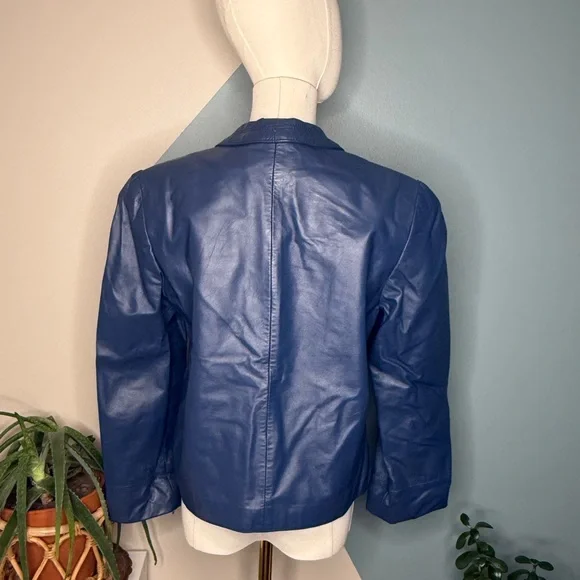 90s Slate Blue Genuine Leather Blazer | Vintage Deep Navy Power Jacket Size 8 - Picture 4 of 11